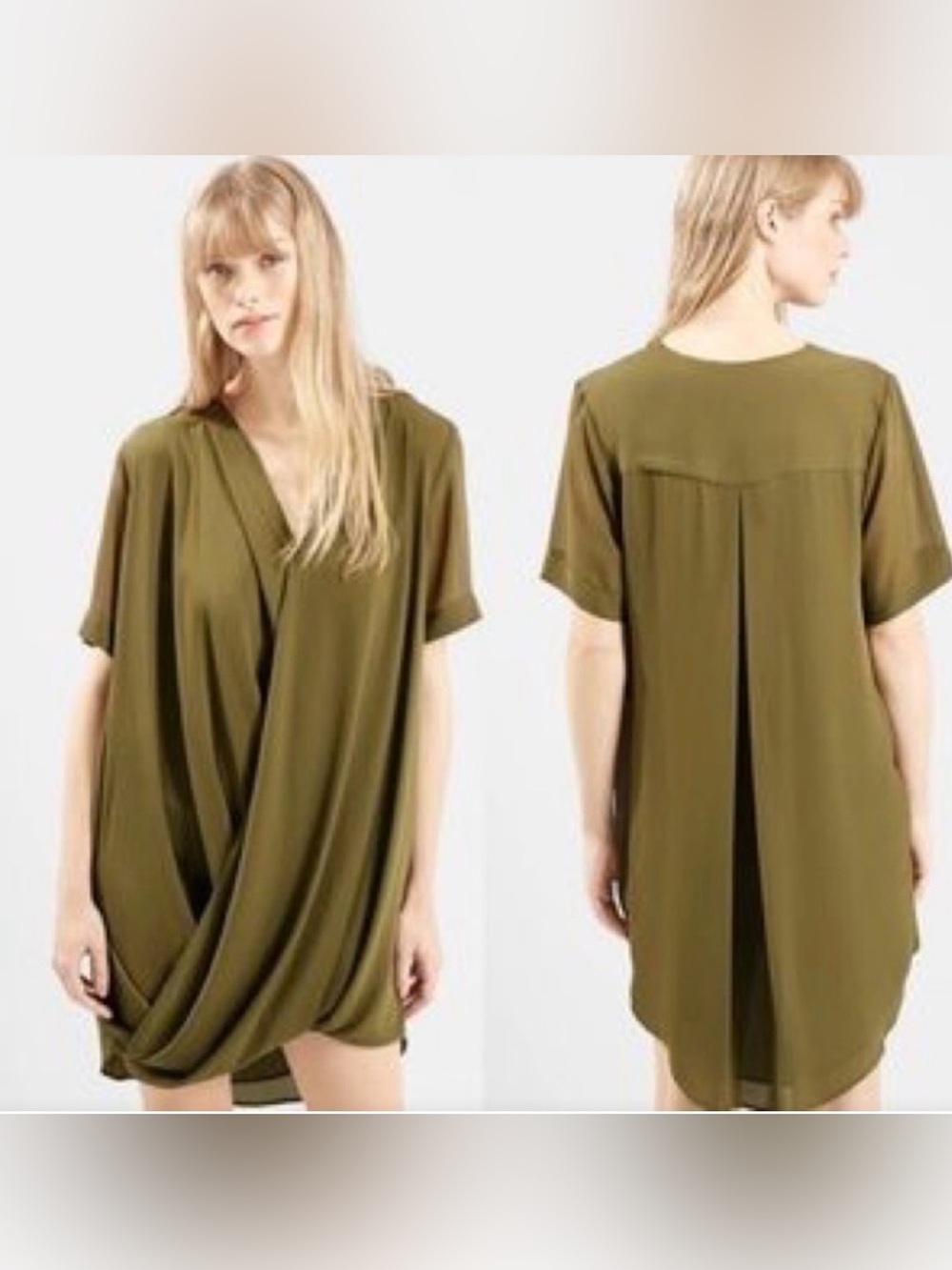 Topshop Olive Green Tunic Wrap Dress Draped V-Neck Short Sleeve